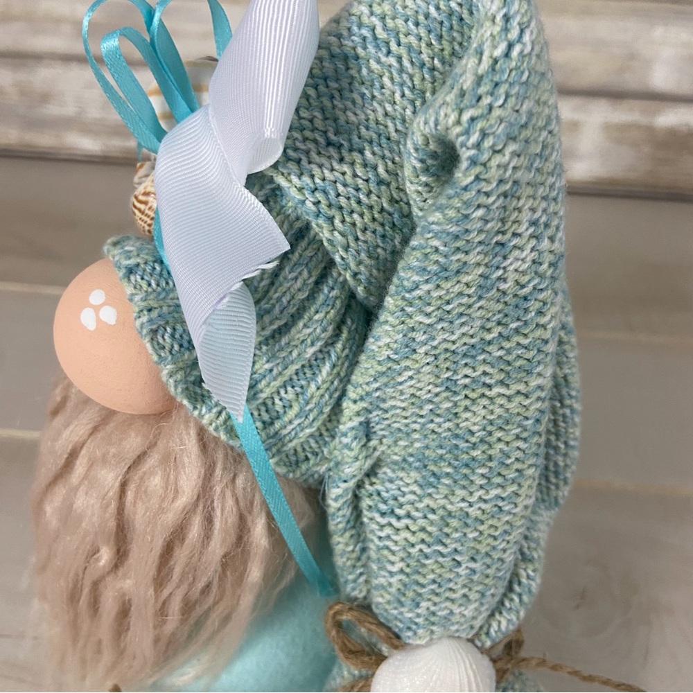 Gnome Beach Theme Aqua Flannel Sea Shells Coastal Home Decor Faux Fur Bows - Picture 11 of 11